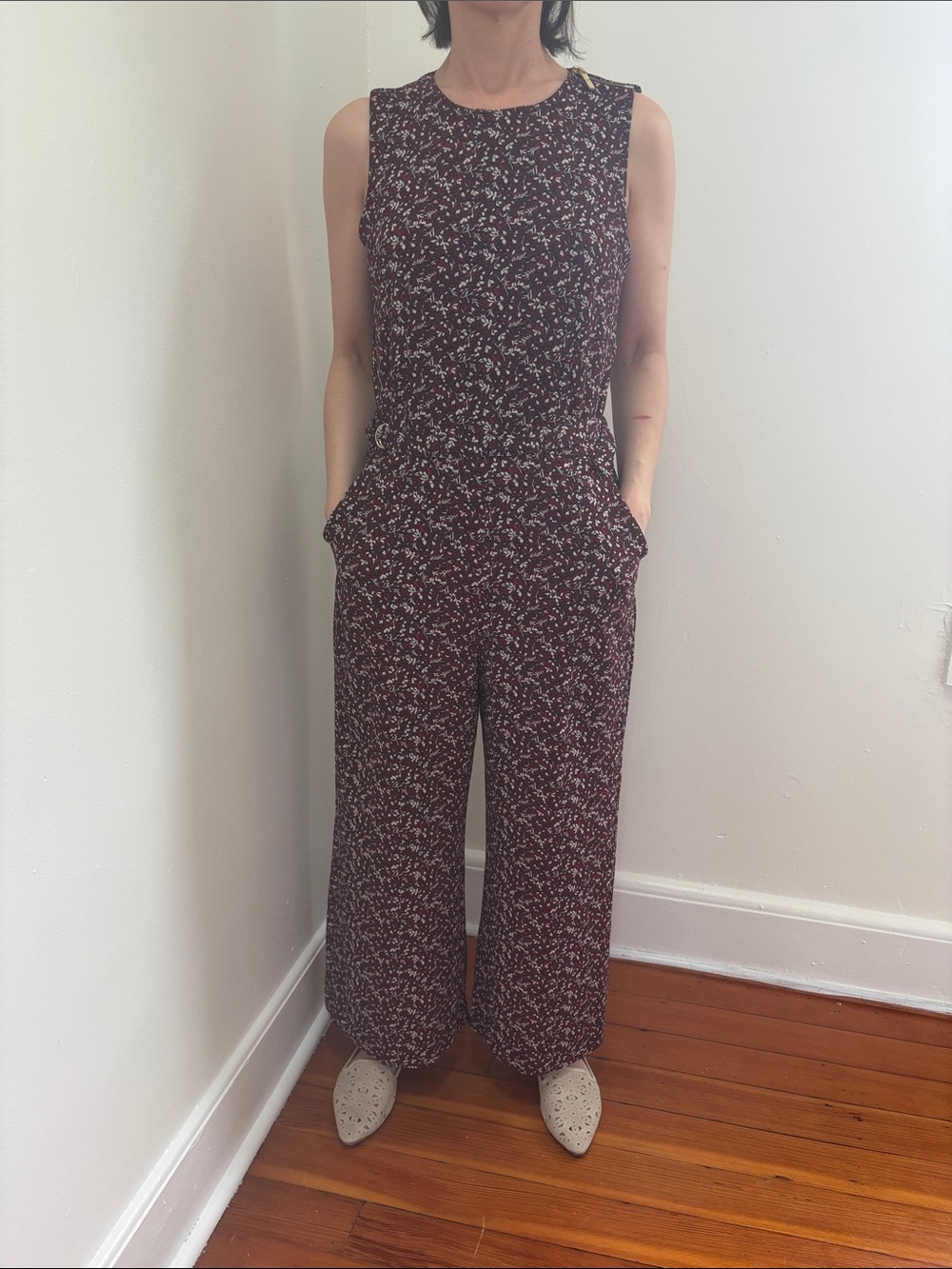 Sleeveless Burgundy Floral Wide-Leg Jumpsuit